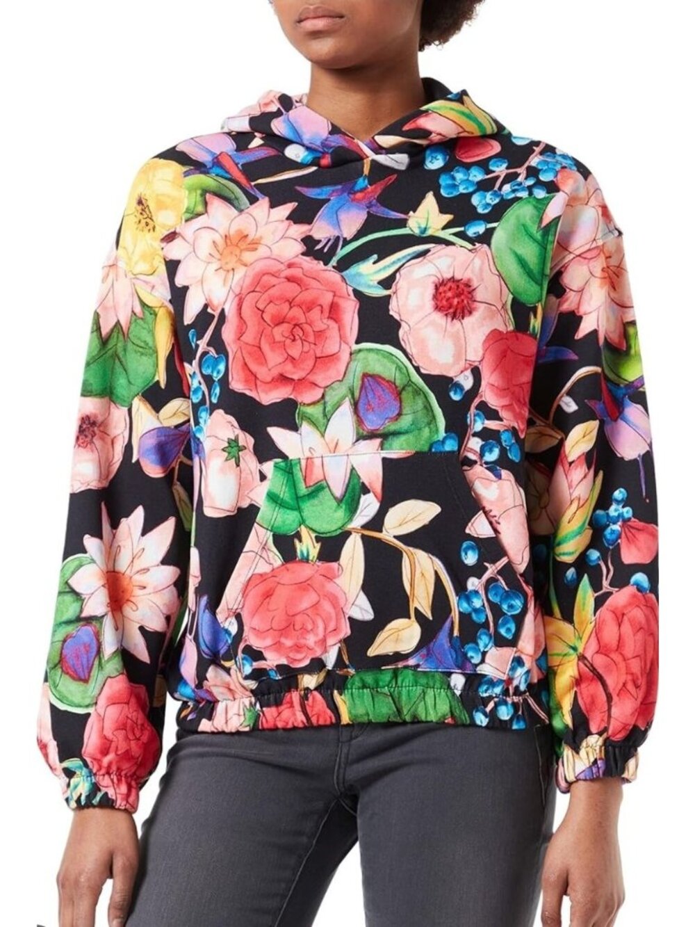 Desigual Girls Colorful floral Hoodie cropped size XL boho Artsy Maximalist AOP